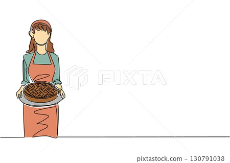 Continuous one line drawing a woman wearing an apron holding an apple pie on a round tray. Still warm. Eat immediately. Delicious. National Apple Pie Day. Single line draw design vector illustration 130791038