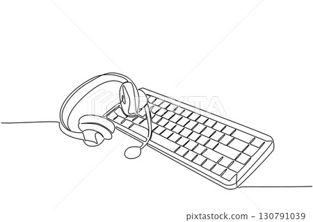 Single continuous line drawing headphones with mic above the keyboard. Equipment as a helpdesk officer. Call center. Hotline. International Customer Support Day. One line design vector illustration Single continuous line drawing headphones with mic above the keyboard. Equipment as a helpdesk officer. Call center. Hotline. International Customer Support Day. One line design vector illustration 130791039
