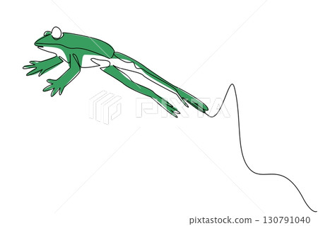 Single one line drawing jumping frog. Jumping to hunt prey to eat. Jumping to the water hole and swimming. Jumping in the wild. National Frog Jumping Day. Continuous line design graphic illustration 130791040