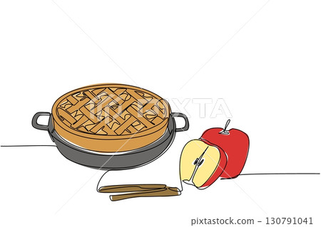 Continuous one line drawing apple pie with pan base, with whole and halved apples, cinnamon sticks. Fresh natural apple ingredients. National Apple Pie Day. Single line draw design vector illustration Continuous one line drawing apple pie with pan base, with whole and halved apples, cinnamon sticks. Fresh natural apple ingredients. National Apple Pie Day. Single line draw design vector illustration 130791041