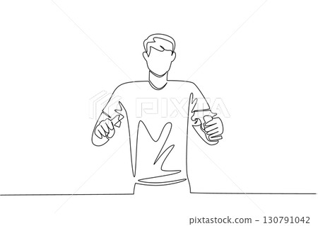 Continuous one line drawing a young man in casual clothes holds and breaks a gun with both hands. Live in peace. International Conscientious Objectors Day. Single line draw design vector illustration 130791042
