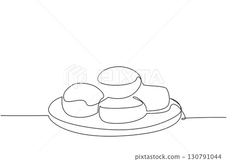 Single continuous line drawing buttermilk biscuits on a round wooden cutting board. A delicious warm meal. Good nutrition for body. National Buttermilk Biscuit Day. One line design vector illustration Single continuous line drawing buttermilk biscuits on a round wooden cutting board. A delicious warm meal. Good nutrition for body. National Buttermilk Biscuit Day. One line design vector illustration 130791044