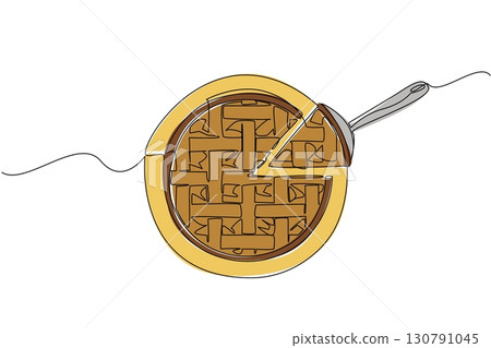 Single one line drawing apple pie and small portion on a cookie scoop on a round wooden cutting board. Taste a spoonful of pleasure. National Apple Pie Day. Continuous line design graphic illustration Single one line drawing apple pie and small portion on a cookie scoop on a round wooden cutting board. Taste a spoonful of pleasure. National Apple Pie Day. Continuous line design graphic illustration 130791045