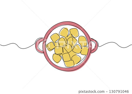Continuous one line drawing croutons in a container. A side dish for soup with a savory taste. Traditional French food. Delicious. National Crouton Day. Single line draw design vector illustration Continuous one line drawing croutons in a container. A side dish for soup with a savory taste. Traditional French food. Delicious. National Crouton Day. Single line draw design vector illustration 130791046