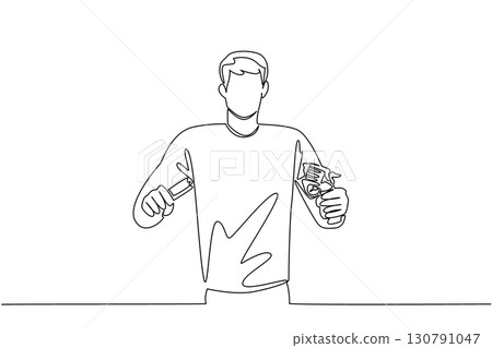 Single continuous line drawing a man in casual clothes holds and breaks revolver handgun with both hands. Rude rejection. International Conscientious Objectors Day. One line design vector illustration 130791047