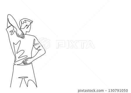 Single one line drawing a man holding her neck and back. Unbearable pain in the back of the neck. Pain. Discomfort. Sickness. Fibromyalgia Awareness Day. Continuous line design graphic illustration 130791050
