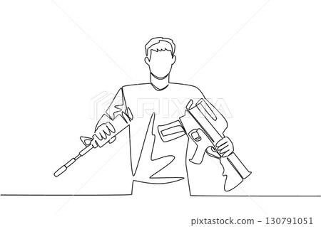 Continuous one line drawing a man in casual clothes holds and breaks a rifle with both hands. Momentum of peace. International Conscientious Objectors Day. Single line draw design vector illustration Continuous one line drawing a man in casual clothes holds and breaks a rifle with both hands. Momentum of peace. International Conscientious Objectors Day. Single line draw design vector illustration 130791051