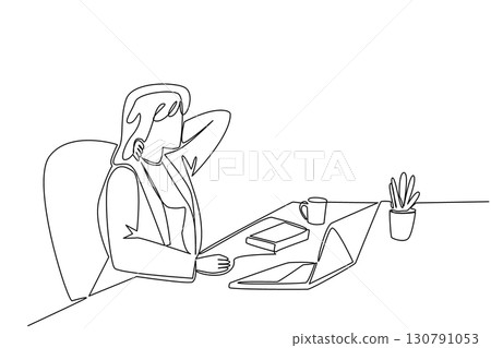 Continuous one line drawing a businesswoman is holding the back of her neck with both hands. Drink little, work a lot. Pain. Fibromyalgia Awareness Day. Single line draw design vector illustration 130791053