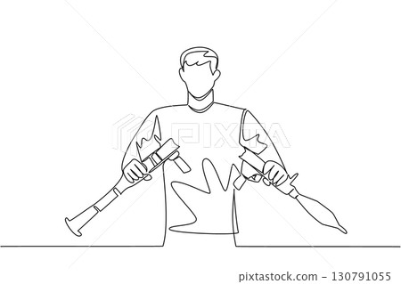 Single continuous line drawing a young man in casual clothes holding and breaking an rpg with both hands. Wanting peace. International Conscientious Objectors Day. One line design vector illustration 130791055