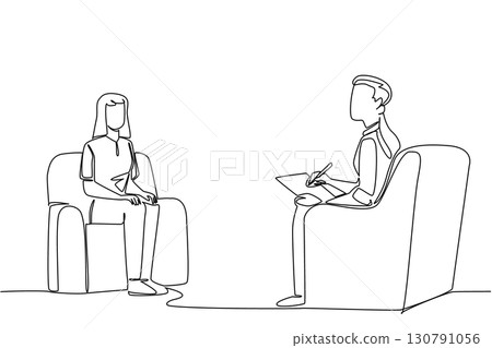 Single one line drawing man sits on sofa holding clipboard with woman. Psychological treatment. Therapy. National Mental Health Provider Appreciation Day. Continuous line design graphic illustration 130791056