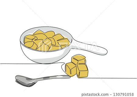 Single one line drawing croutons in bowl and some scattered on the side and add a stainless steel spoon. The food complement is ready. National Crouton Day. Continuous line design graphic illustration Single one line drawing croutons in bowl and some scattered on the side and add a stainless steel spoon. The food complement is ready. National Crouton Day. Continuous line design graphic illustration 130791058