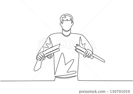Single continuous line drawing a man in casual clothes holds and breaks a shotgun with both hands. Refuse to participate. International Conscientious Objectors Day. One line design vector illustration Single continuous line drawing a man in casual clothes holds and breaks a shotgun with both hands. Refuse to participate. International Conscientious Objectors Day. One line design vector illustration 130791059