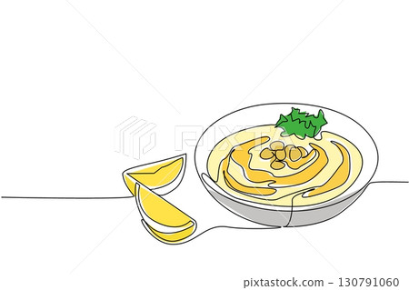 Continuous one line drawing hummus in white bowl with leaf and nut toppings plus lemon slices. Creamy and fresh blend in mouth. International Hummus Day. Single line draw design vector illustration Continuous one line drawing hummus in white bowl with leaf and nut toppings plus lemon slices. Creamy and fresh blend in mouth. International Hummus Day. Single line draw design vector illustration 130791060