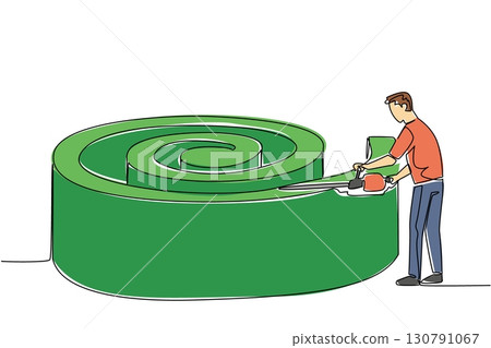 Single continuous line drawing a male gardener holding an electric mower and cutting a tree into a spiral. Resembles a simple maze. Natural art. World Topiary Day. One line design vector illustration Single continuous line drawing a male gardener holding an electric mower and cutting a tree into a spiral. Resembles a simple maze. Natural art. World Topiary Day. One line design vector illustration 130791067
