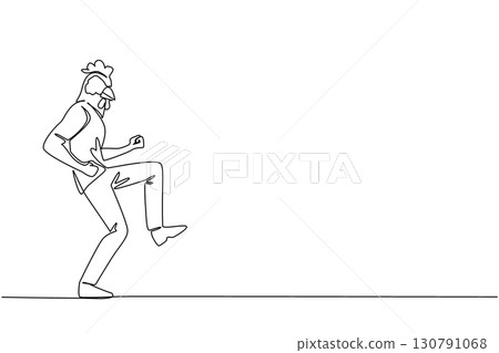 Continuous one line drawing a young man wearing a tshirt wearing a chicken head mask poses dancing. Dancing like playing guitar. Dance Like a Chicken Day. Single line draw design vector illustration Continuous one line drawing a young man wearing a tshirt wearing a chicken head mask poses dancing. Dancing like playing guitar. Dance Like a Chicken Day. Single line draw design vector illustration 130791068