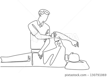 Single one line drawing physiotherapist massaging the back a patient who is lying on side. Rehabilitation. Chiropractor. Spinal Cord Injury Awareness Day. Continuous line design graphic illustration Single one line drawing physiotherapist massaging the back a patient who is lying on side. Rehabilitation. Chiropractor. Spinal Cord Injury Awareness Day. Continuous line design graphic illustration 130791069