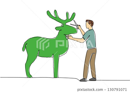 Single one line drawing a male gardener cuts a tree to shape it into a stag with antlers. The art of playing with animal shapes. AgileWorld Topiary Day. Continuous line design graphic illustration Single one line drawing a male gardener cuts a tree to shape it into a stag with antlers. The art of playing with animal shapes. AgileWorld Topiary Day. Continuous line design graphic illustration 130791071