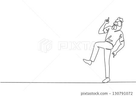 Single continuous line drawing a man wearing a tshirt wearing a chicken head mask poses dancing. Freestyle dancing. Freedom of expression. Dance Like a Chicken Day. One line design vector illustration Single continuous line drawing a man wearing a tshirt wearing a chicken head mask poses dancing. Freestyle dancing. Freedom of expression. Dance Like a Chicken Day. One line design vector illustration 130791072