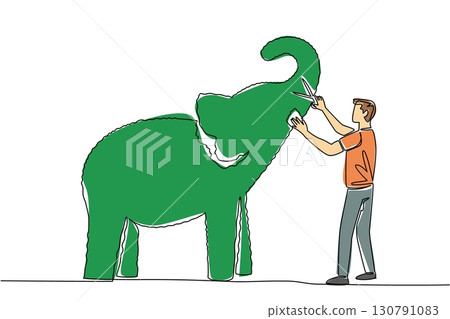 Continuous one line drawing a male gardener holds grass shears and shapes a tree into an elephant. A creativity without limits. The art. World Topiary Day. Single line draw design vector illustration 130791083