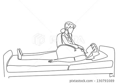 Single one line drawing doctor checking the chest of a pregnant woman lying on a patient bed. Monthly routine activities. National Checkup of Women Day. Continuous line design graphic illustration 130791089
