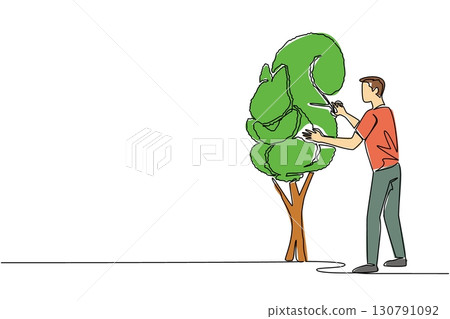 Single continuous line drawing a male gardener holding tree shears shaping a tree into a squirrel. Unique creative art. Symbol of perseverance. World Topiary Day. One line design vector illustration 130791092