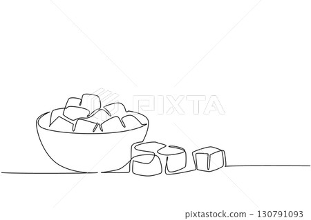 Single continuous line drawing croutons in a bowl and some scattered on the side of the bowl. Adding to the deliciousness of food. Snack. National Crouton Day. One line design vector illustration 130791093
