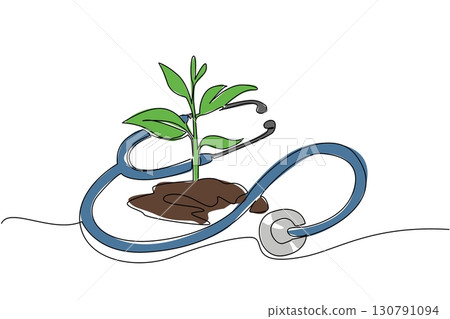 Continuous one line drawing plant shoots with soil surrounded by stethoscope. Check the growth of shoots every day. International Day of Plant Health. Single line draw design vector illustration Continuous one line drawing plant shoots with soil surrounded by stethoscope. Check the growth of shoots every day. International Day of Plant Health. Single line draw design vector illustration 130791094