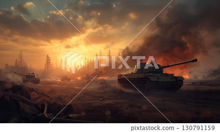 Illustration of a tank and battlefield landscape dyed in the sunset Illustration of a tank and battlefield landscape dyed in the sunset 130791159