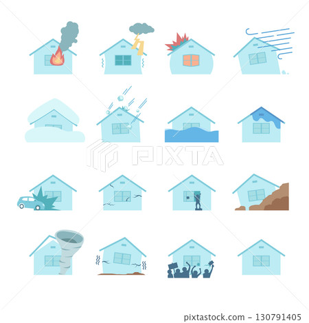 Illustrations of various disasters that befall homes Illustrations of various disasters that befall homes 130791405