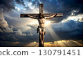 Crucifixion scene with dramatic light and storm clouds 130791451