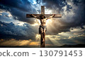 Crucifixion scene with dramatic light and stormy clouds 130791453