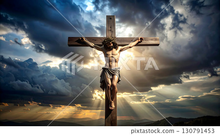 Crucifixion scene with dramatic light and stormy clouds 130791453