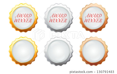 Set of gold, silver and bronze medals and badges 130791483