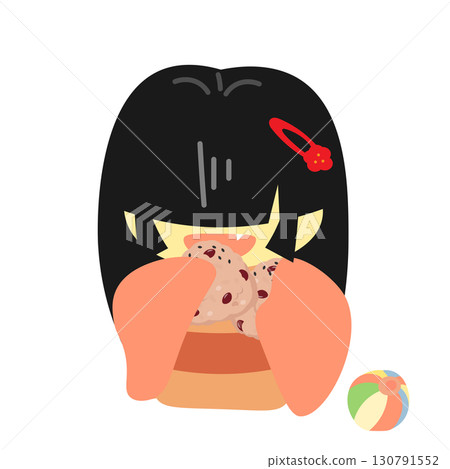 Illustration of a Zashiki-warashi who stops playing and eats red rice balls 130791552