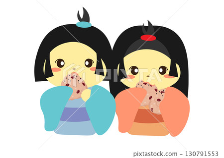 男孩和女孩的座敷童子吃紅飯糰的插圖 男孩和女孩的座敷童子吃紅飯糰的插圖 130791553