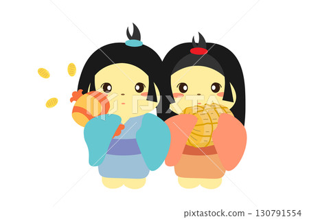 Illustration of a zashiki-warashi holding a rice sack and a mallet Illustration of a zashiki-warashi holding a rice sack and a mallet 130791554