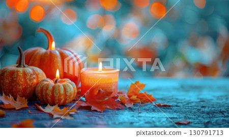 Cozy Autumn Scene with Pumpkins, Candles, and Colorful Leaves 130791713
