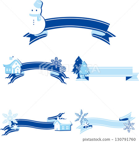 Set of winter ribbon frames with snowmen and crystals. Vector decorative elements with text insertable. 130791760