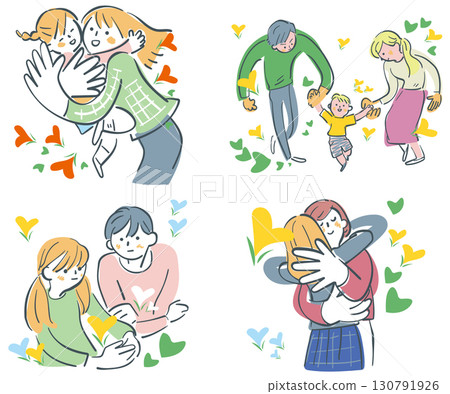 Hug, hold hands, gaze, embrace - parent and child love - stock illustration material Hug, hold hands, gaze, embrace - parent and child love - stock illustration material 130791926