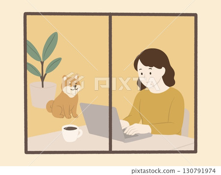 A woman works from home while a smiling Shiba Inu watches over her A woman works from home while a smiling Shiba Inu watches over her 130791974