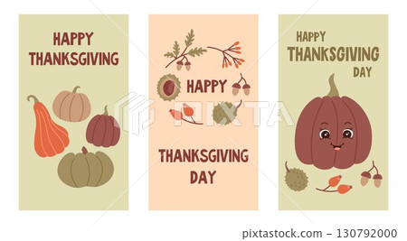 Set of cute Thanksgiving greeting cards with pumpkins, chestnuts, acorns, rose hips and autumn leaves. Festive fall harvest holiday illustration. Happy Thanksgiving Day postcard collection 130792000