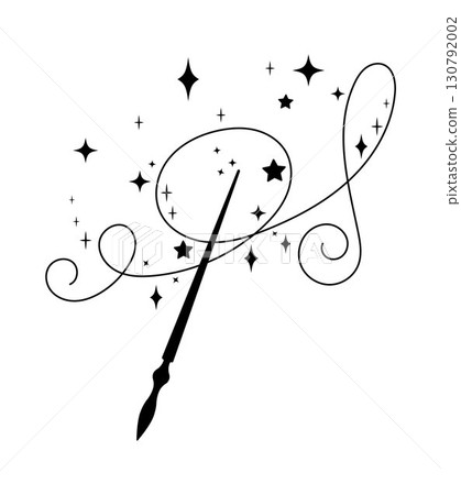 Magic wand with sparkling stars and decorative swirls. Black and white illustration of mystical object, fantasy symbol, wizard tool, fairy tale element, magical design isolated Magic wand with sparkling stars and decorative swirls. Black and white illustration of mystical object, fantasy symbol, wizard tool, fairy tale element, magical design isolated 130792002
