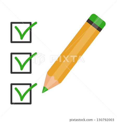 Checklist illustration with green check marks in boxes and wooden pencil. Concept of task completion, agreement, approval, survey, success, productivity and organization. 130792003