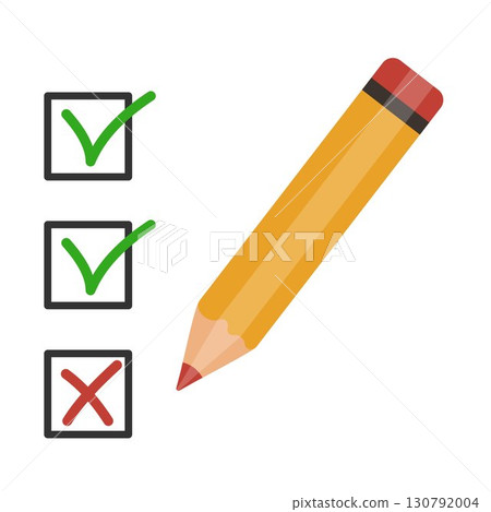 Checklist illustration with green check marks and red cross in boxes with wooden pencil. Concept of choice, evaluation, approval, rejection, survey, decision, success, error. Editable stroke Checklist illustration with green check marks and red cross in boxes with wooden pencil. Concept of choice, evaluation, approval, rejection, survey, decision, success, error. Editable stroke 130792004