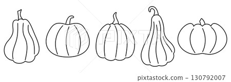 Different pumpkin and squash outlines. Editable stroke. Black and white line drawing of autumn vegetables for coloring book, harvest decoration, farm products, seasonal food, fall design. 130792007