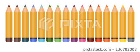 Set of colorful pencils in a row. Vector illustration of drawing and school supplies. Bright crayons collection for art, education, creativity, stationery design, back to school and craft projects. Set of colorful pencils in a row. Vector illustration of drawing and school supplies. Bright crayons collection for art, education, creativity, stationery design, back to school and craft projects. 130792008