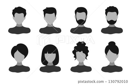 Collection of avatar icons set with male and female faces in flat style. Profile picture silhouette illustration for social media, community, account, team, user, business, communication and network. 130792010