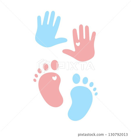 Baby handprints and footprints in pink and blue with heart symbol. Cute newborn design for parenting, childcare, maternity, baby shower, love, care, family, kids, childhood, adoption, charity themes Baby handprints and footprints in pink and blue with heart symbol. Cute newborn design for parenting, childcare, maternity, baby shower, love, care, family, kids, childhood, adoption, charity themes 130792013