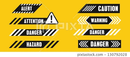 Warning labels set with alert attention danger caution hazard signs. Black white safety stickers collection for risk prevention and security messages isolated illustration design on yellow background Warning labels set with alert attention danger caution hazard signs. Black white safety stickers collection for risk prevention and security messages isolated illustration design on yellow background 130792028