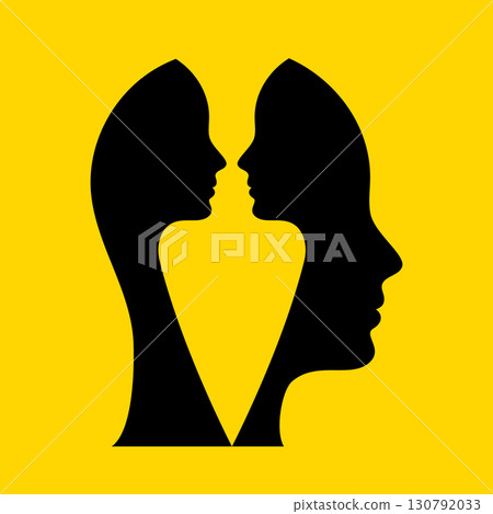Metaphor bipolar disorder mind mental. Double face. Split personality. Two human profiles forming hidden faces inside, representing inner conflict, dissociation, dual identity, psychology concept 130792033